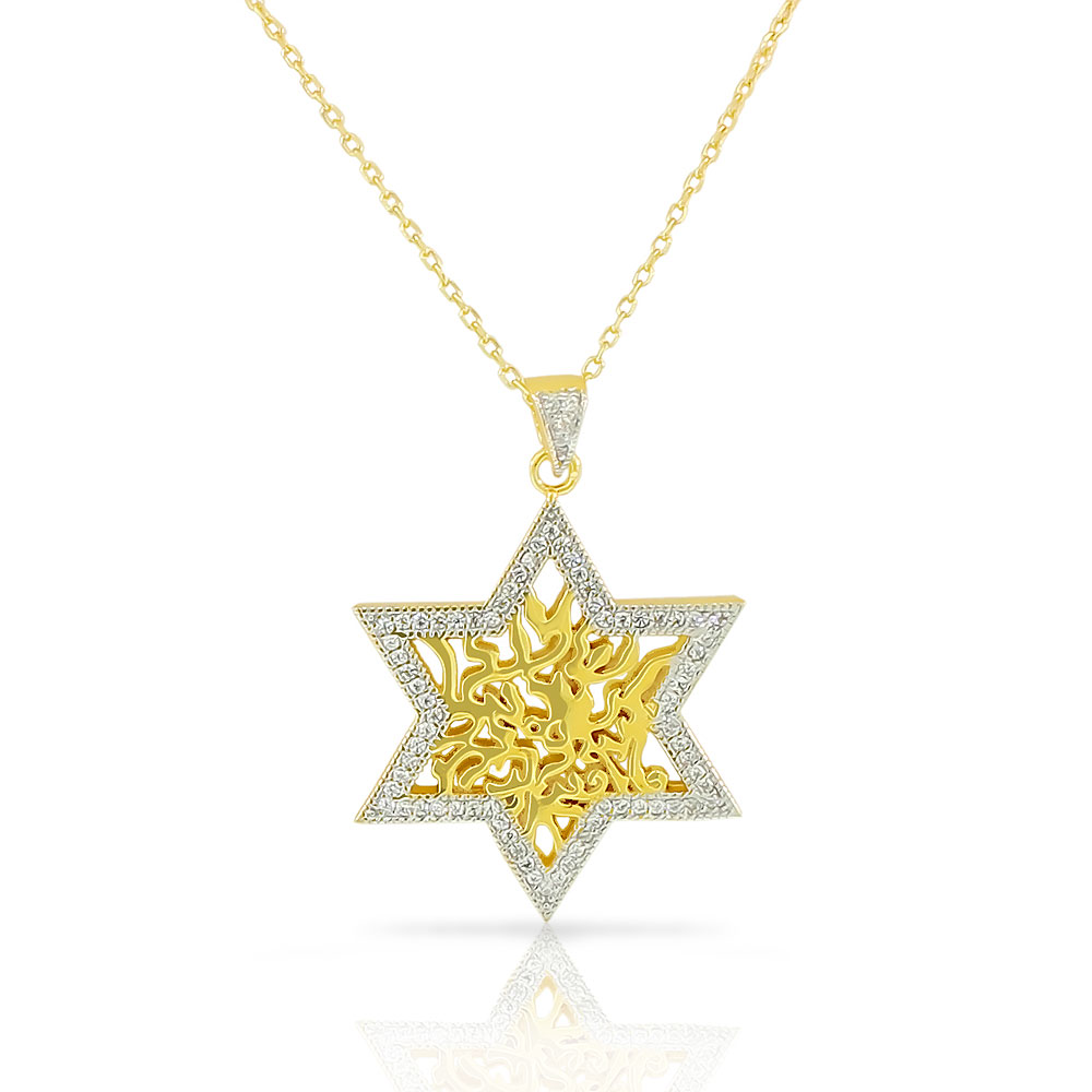 925 Sterling Silver Yellow Gold-Tone CZ Jewish Star of David Shema Sh'ma Yisrael Pendant Necklace